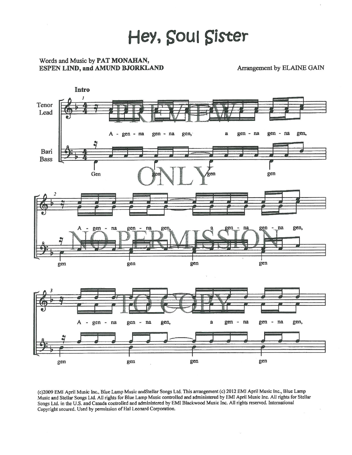 Hey, Soul Sister — sheet music preview, arranged by Elaine Gain