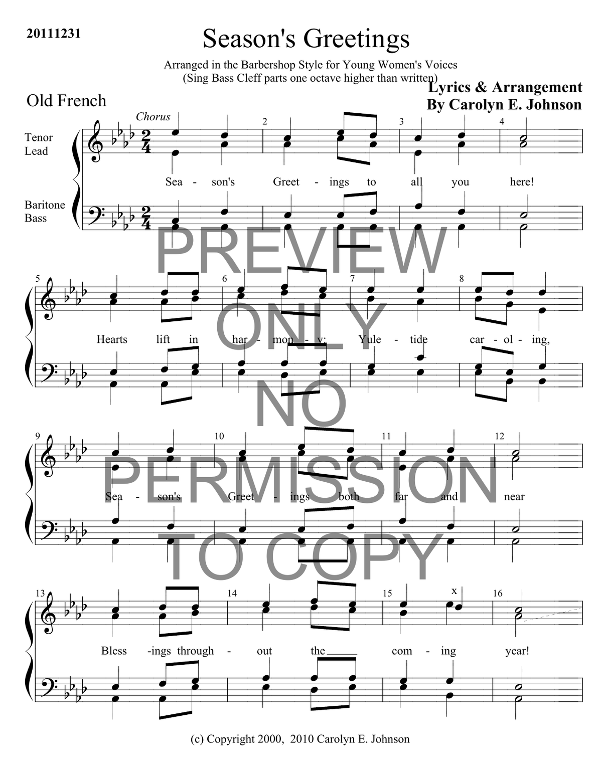 YW - Season's Greetings — sheet music preview, arranged by Carolyn Johnson