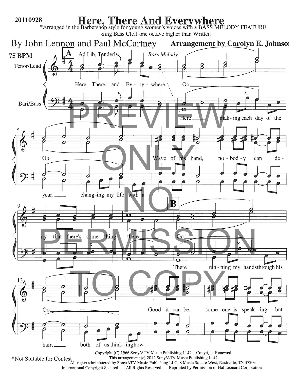 YW - Here, There And Everywhere (Bass) — sheet music preview, arranged by Carolyn Johnson