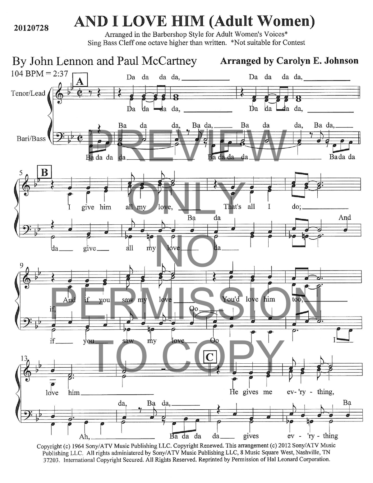 And I Love Him — sheet music preview, arranged by Carolyn Johnson