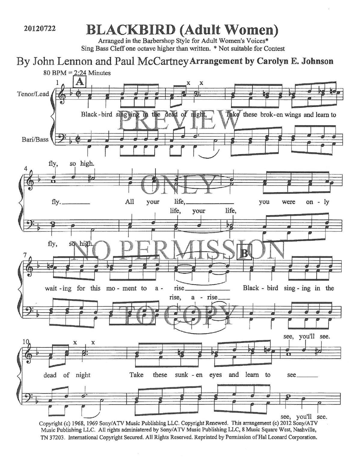 Blackbird — sheet music preview, arranged by Carolyn Johnson