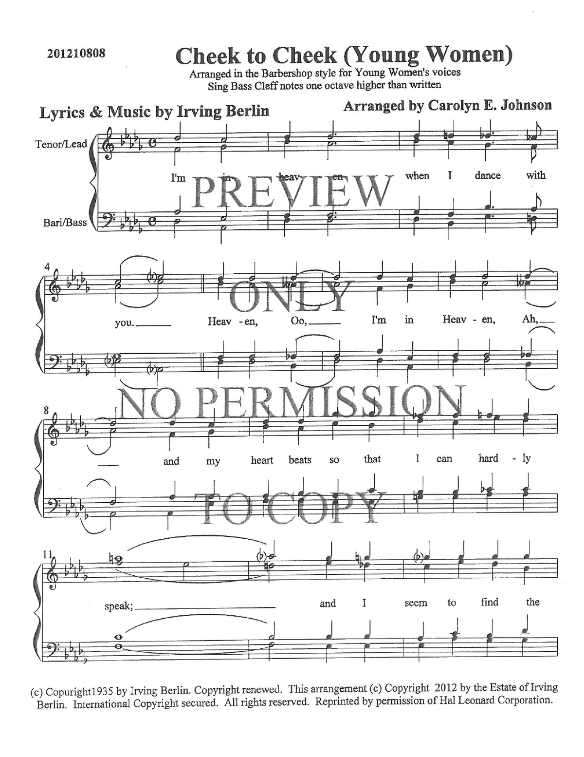 YW - Cheek To Cheek — sheet music preview, arranged by Carolyn Johnson