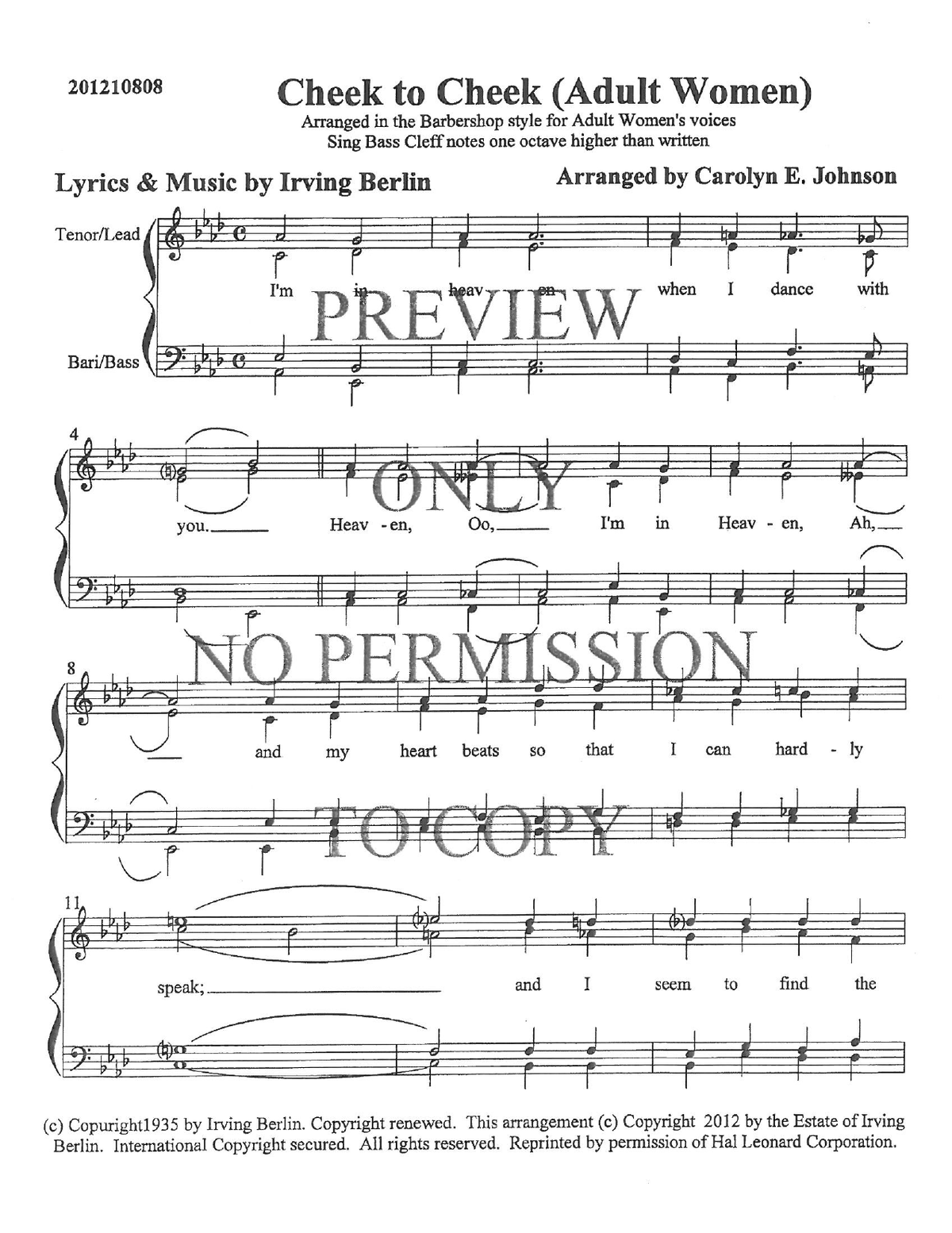 Cheek To Cheek — sheet music preview, arranged by Carolyn Johnson