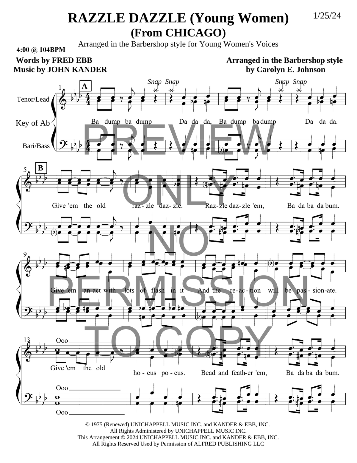 YW - Razzle Dazzle — sheet music preview, arranged by Carolyn Johnson