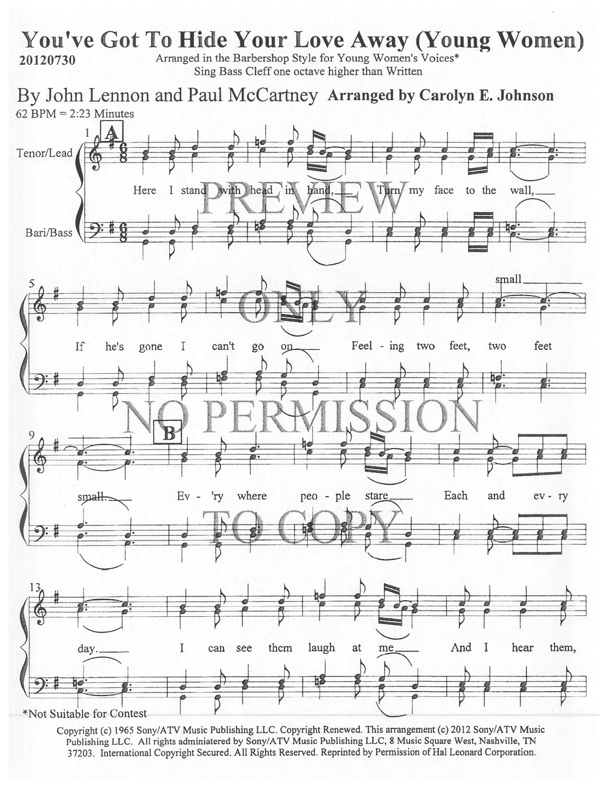 YW - You've Got To Hide Your Love Away — sheet music preview, arranged by Carolyn Johnson