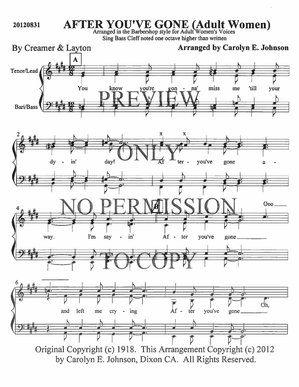 After You've Gone — sheet music preview, arranged by Carolyn Johnson