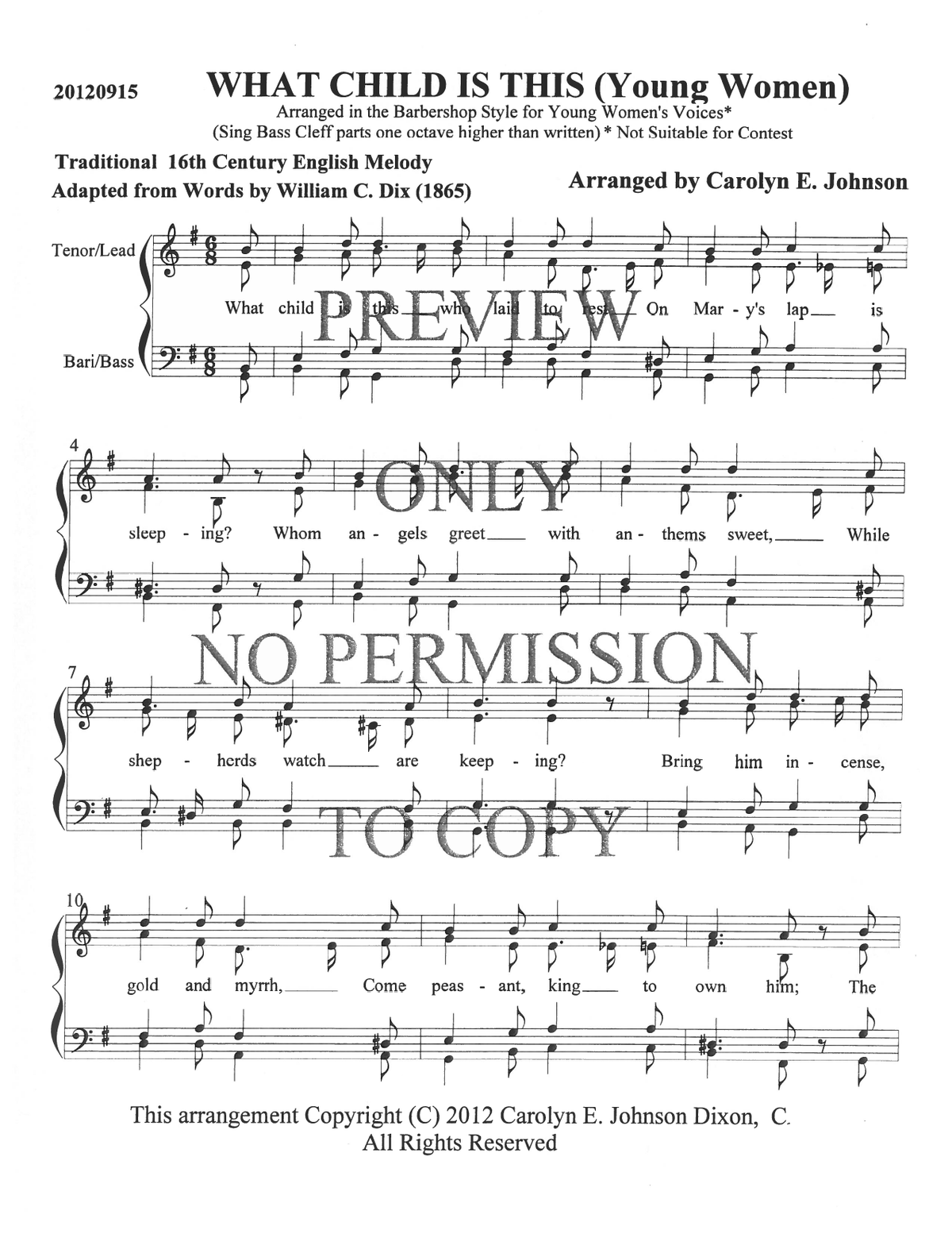 YW - What Child Is This — sheet music preview, arranged by Carolyn Johnson