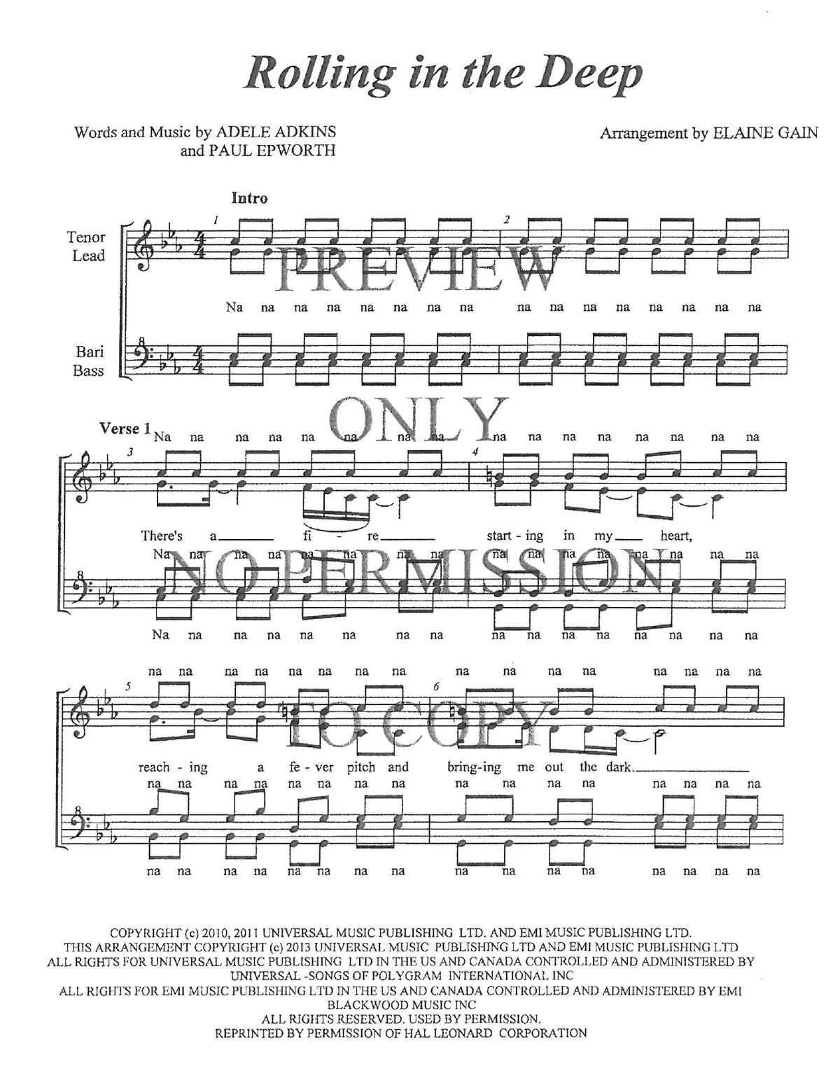 Rolling In The Deep — sheet music preview, arranged by Elaine Gain