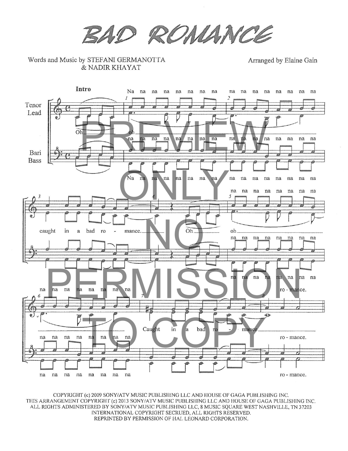 Bad Romance — sheet music preview, arranged by Elaine Gain