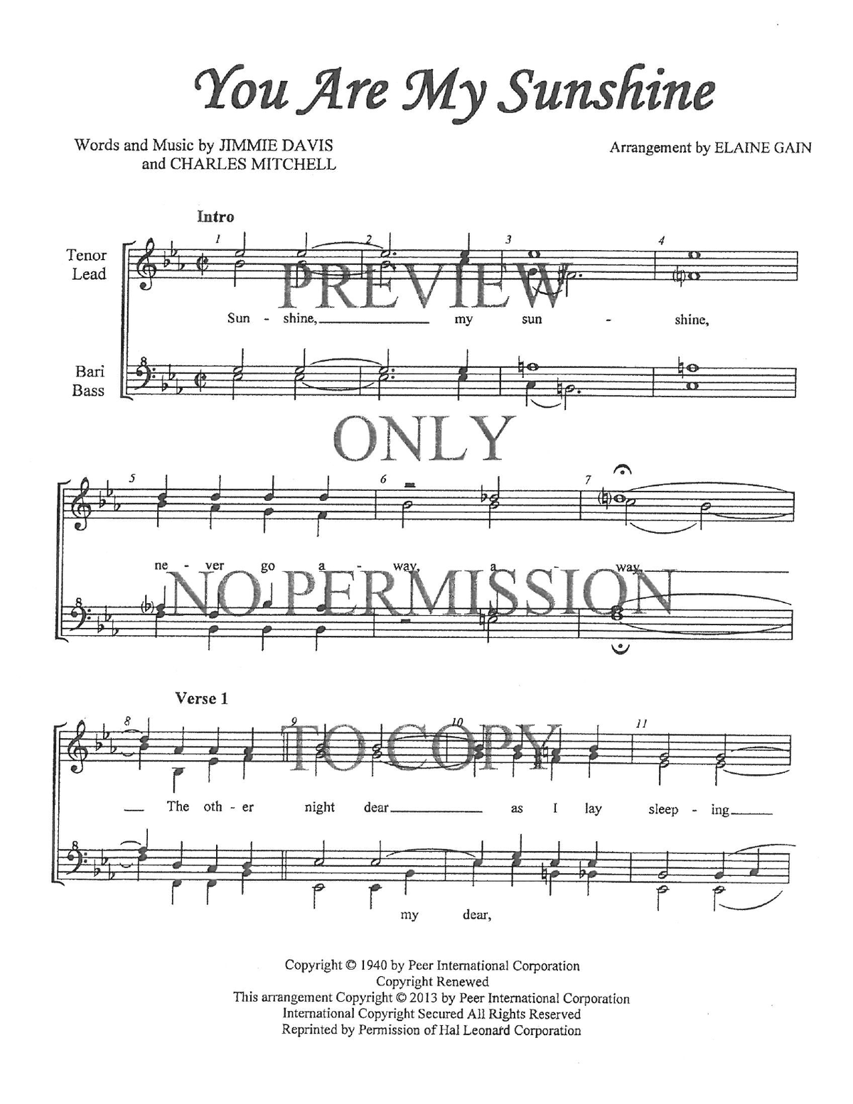 You Are My Sunshine — sheet music preview, arranged by Elaine Gain