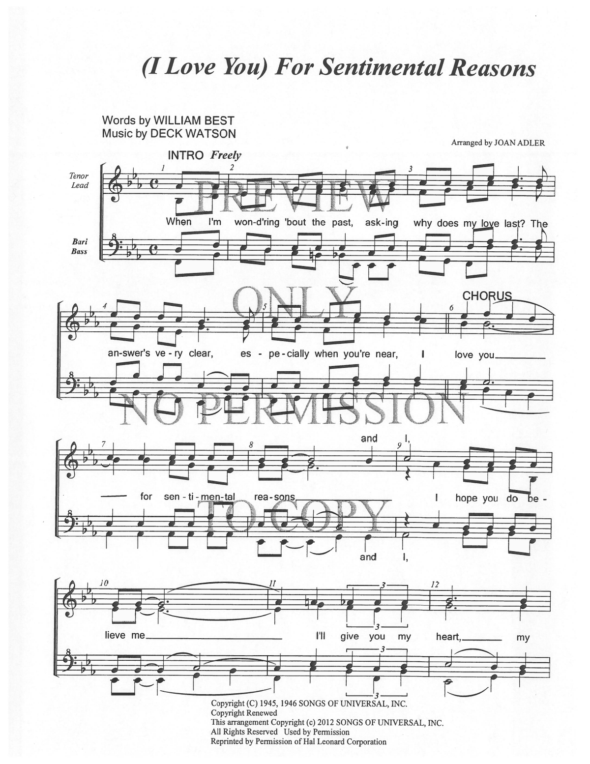 I Love You For Sentimental Reasons — sheet music preview, arranged by Joan Adler