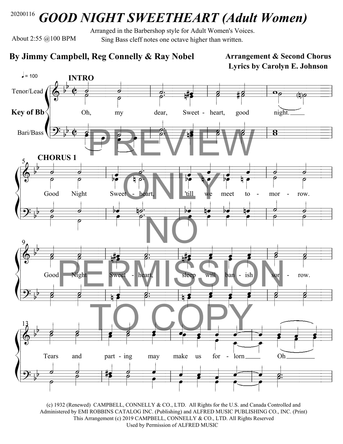 Good Night Sweetheart — sheet music preview, arranged by Carolyn Johnson