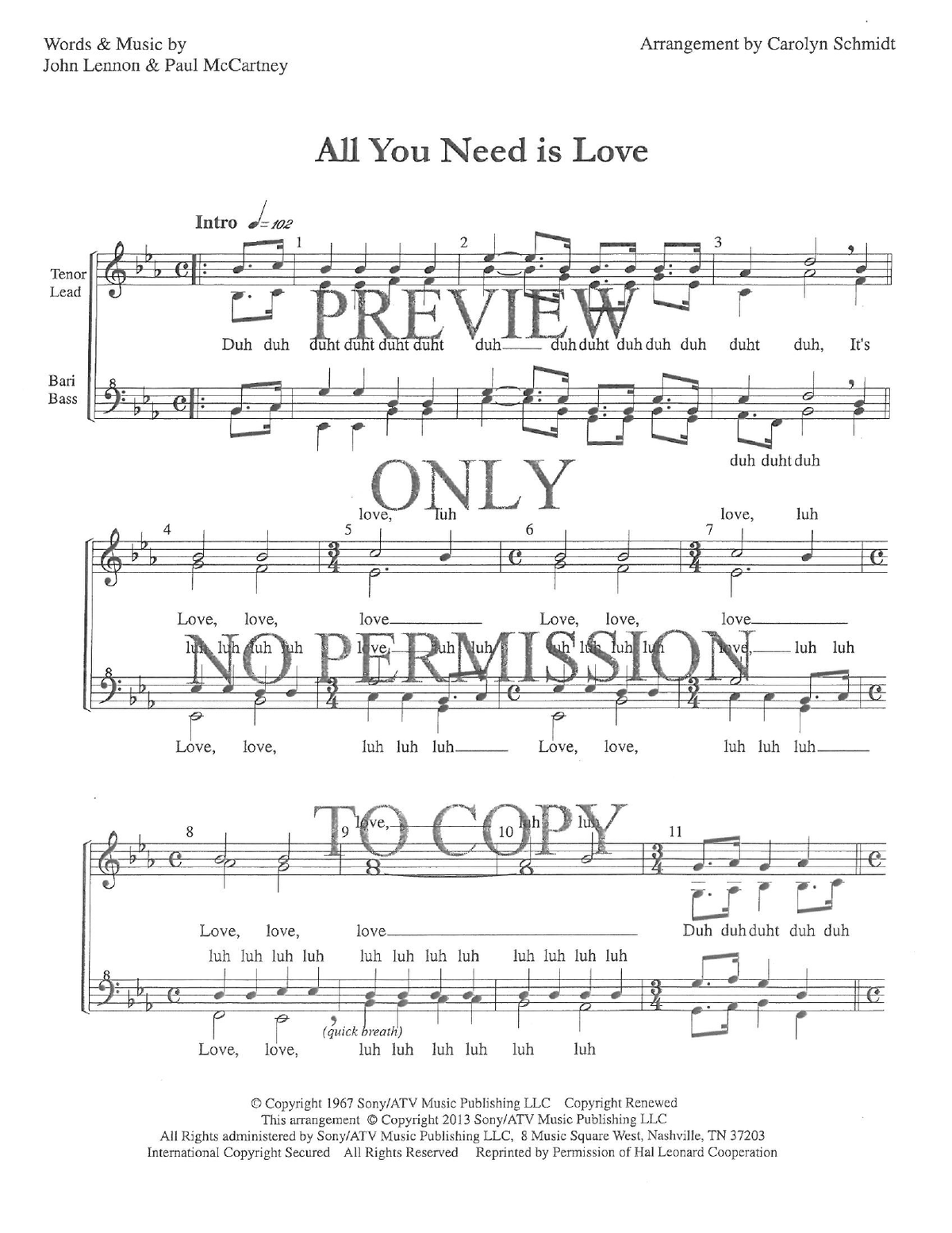 All You Need Is Love — sheet music preview, arranged by Carolyn Schmidt