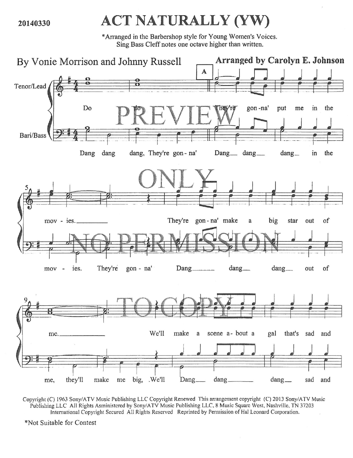 YW - Act Naturally — sheet music preview, arranged by Carolyn Johnson