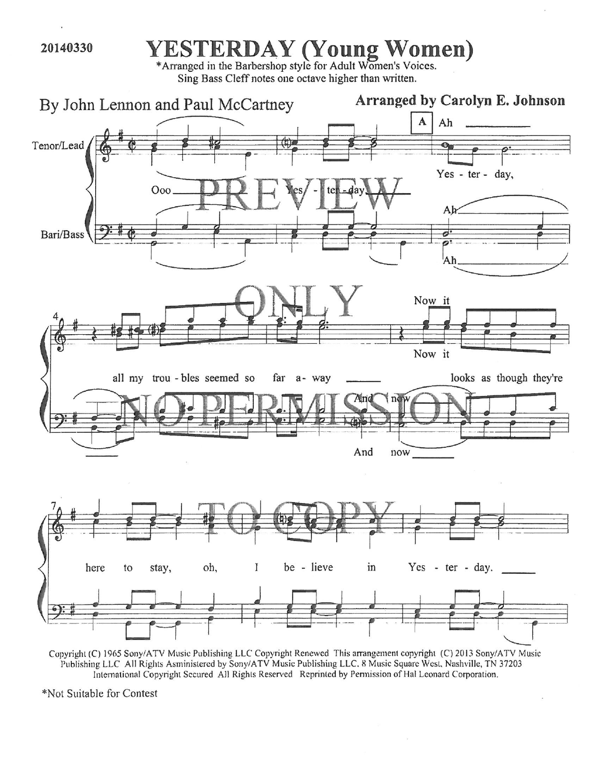YW - Yesterday — sheet music preview, arranged by Carolyn Johnson