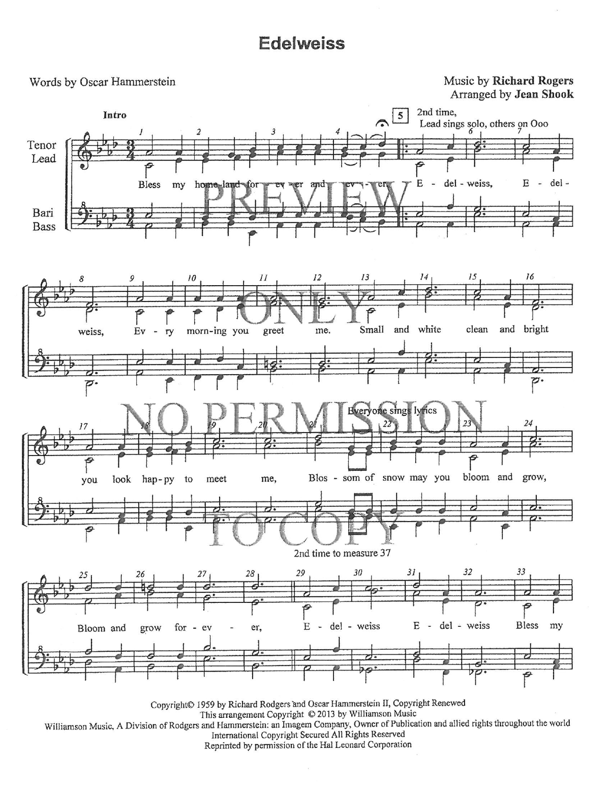 Edelweiss — sheet music preview, arranged by Jean Shook