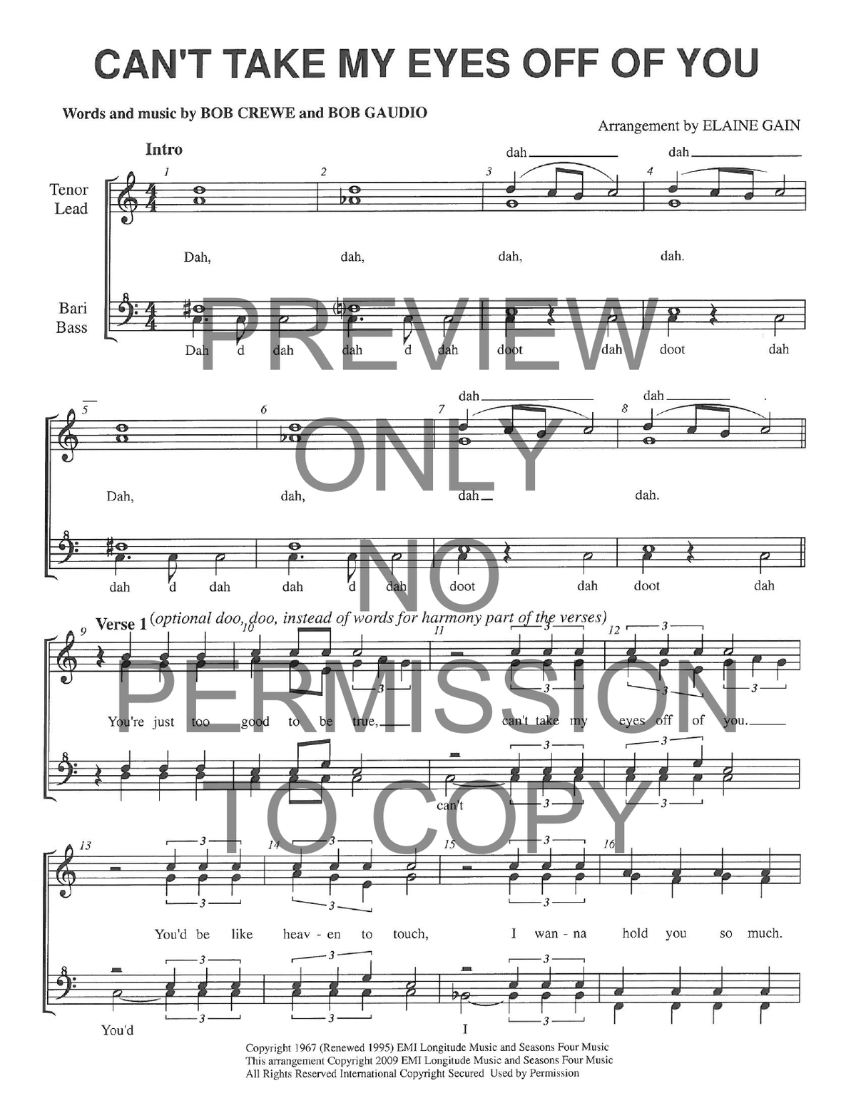 Can't Take My Eyes Off Of You — sheet music preview, arranged by Elaine Gain