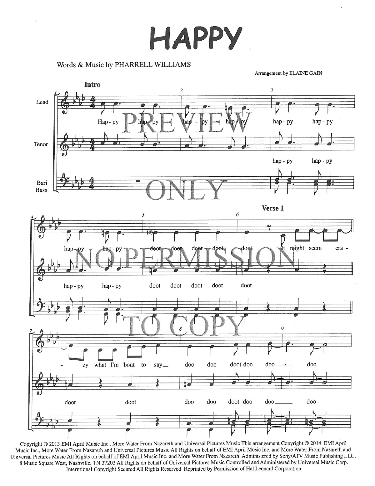 Happy — sheet music preview, arranged by Elaine Gain