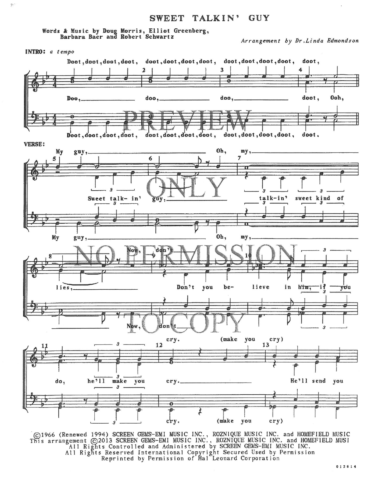 Sweet Talkin' Guy — sheet music preview, arranged by Linda Edmondson