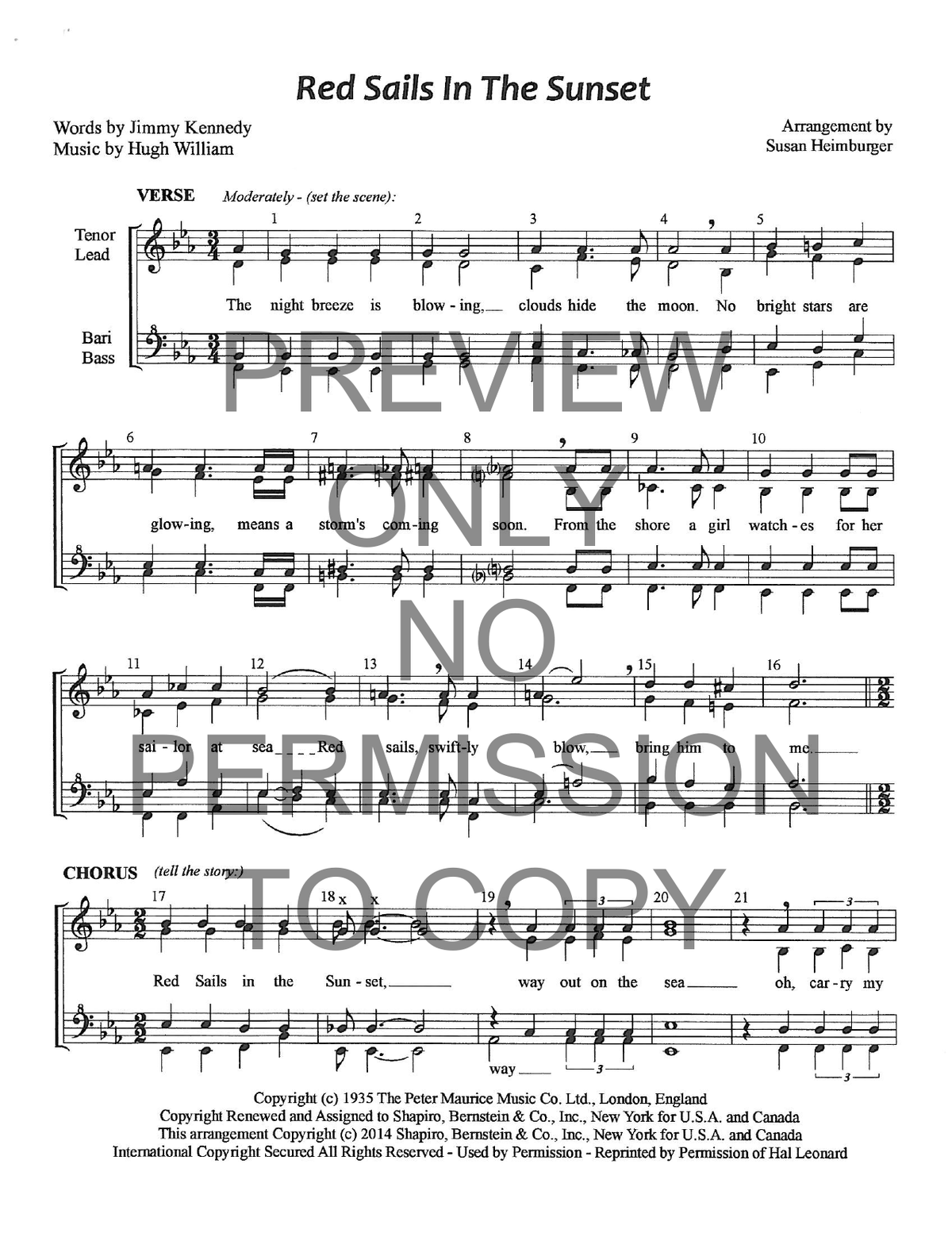 Red Sails In The Sunset — sheet music preview, arranged by Susan Heimburger