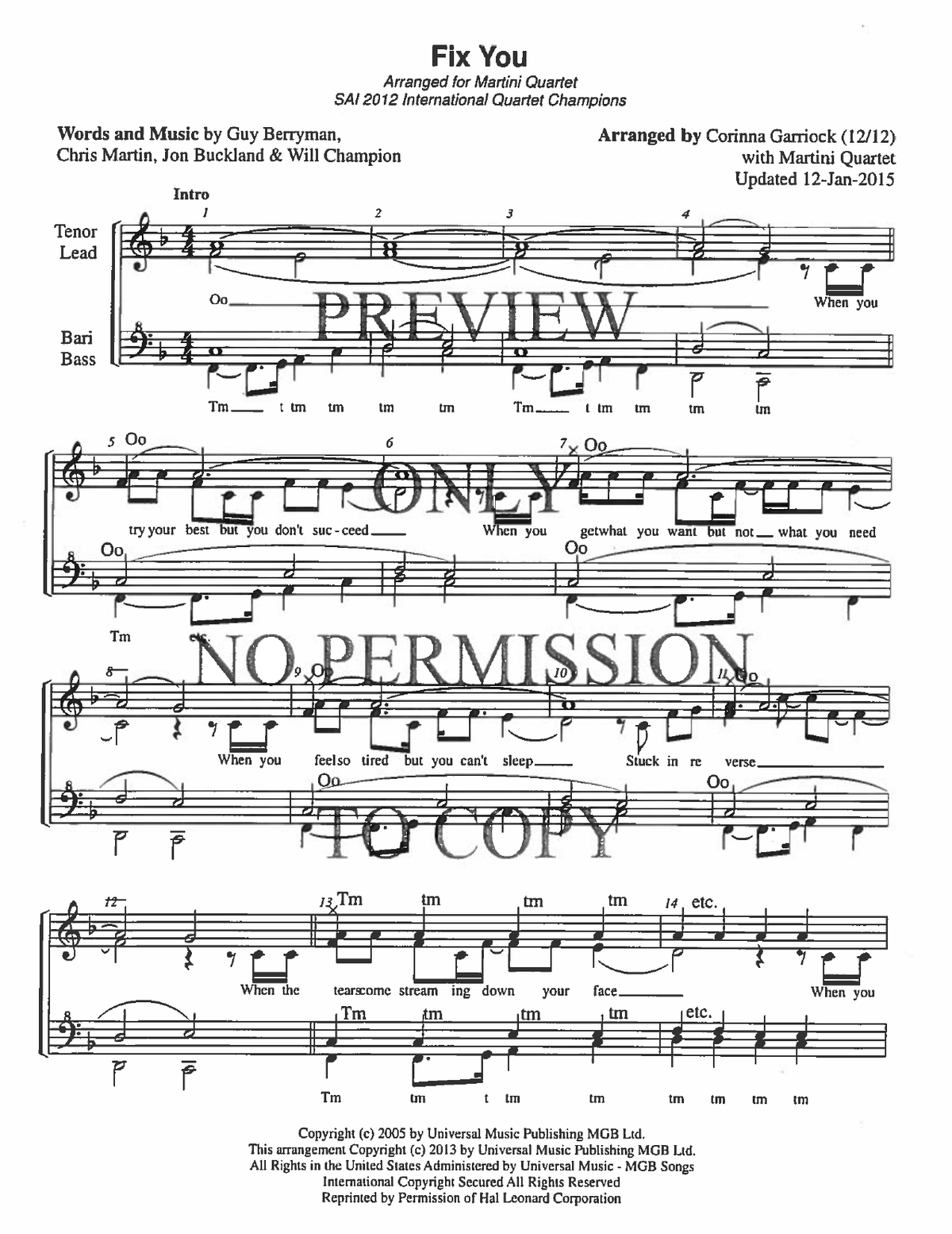 Fix You — sheet music preview, arranged by Corinna Garriock