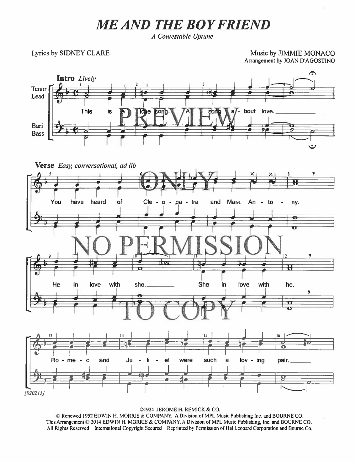 Me And The Boyfriend — sheet music preview, arranged by Joan D 'Agostino