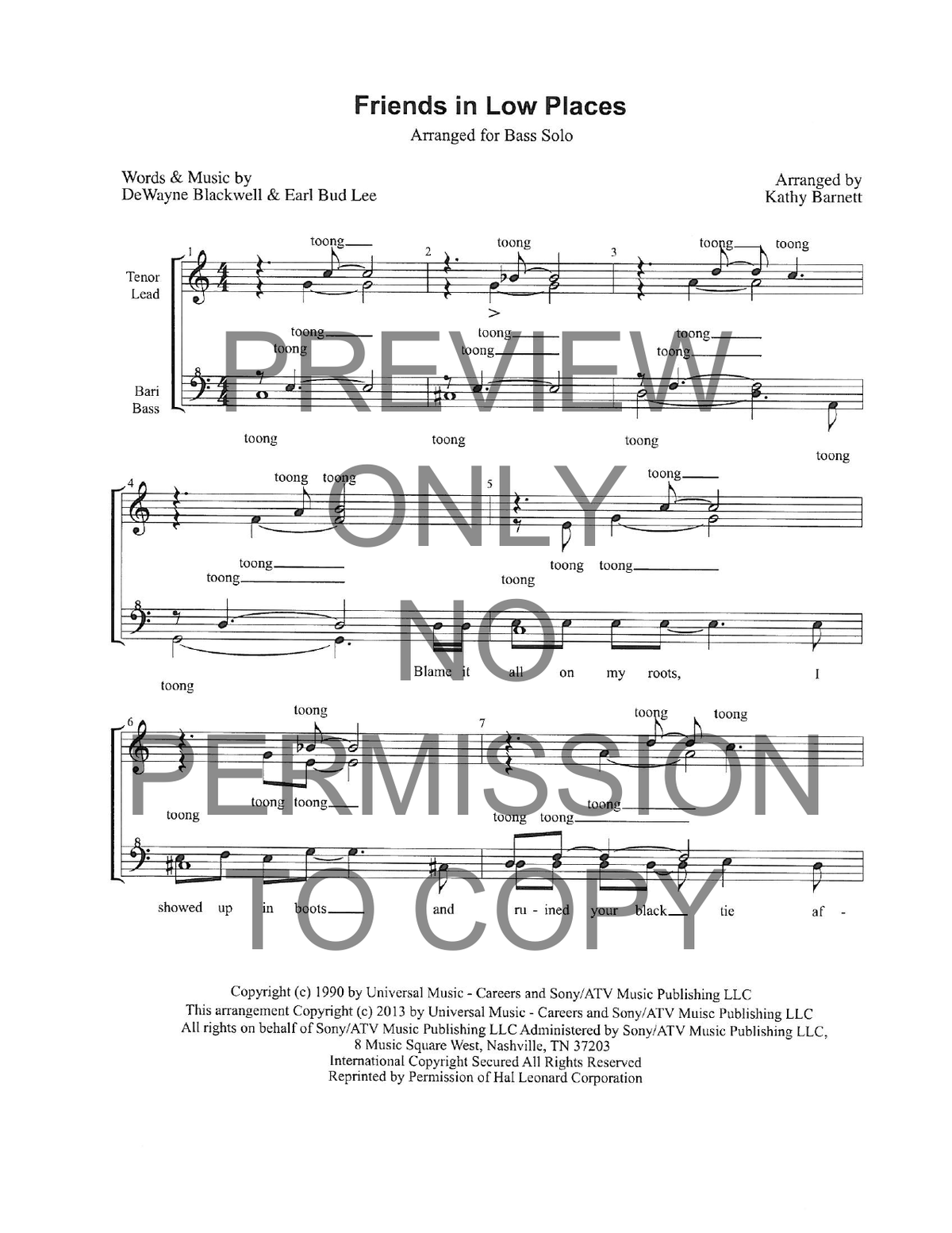 Friends In Low Places — sheet music preview, arranged by Kathy Barnett