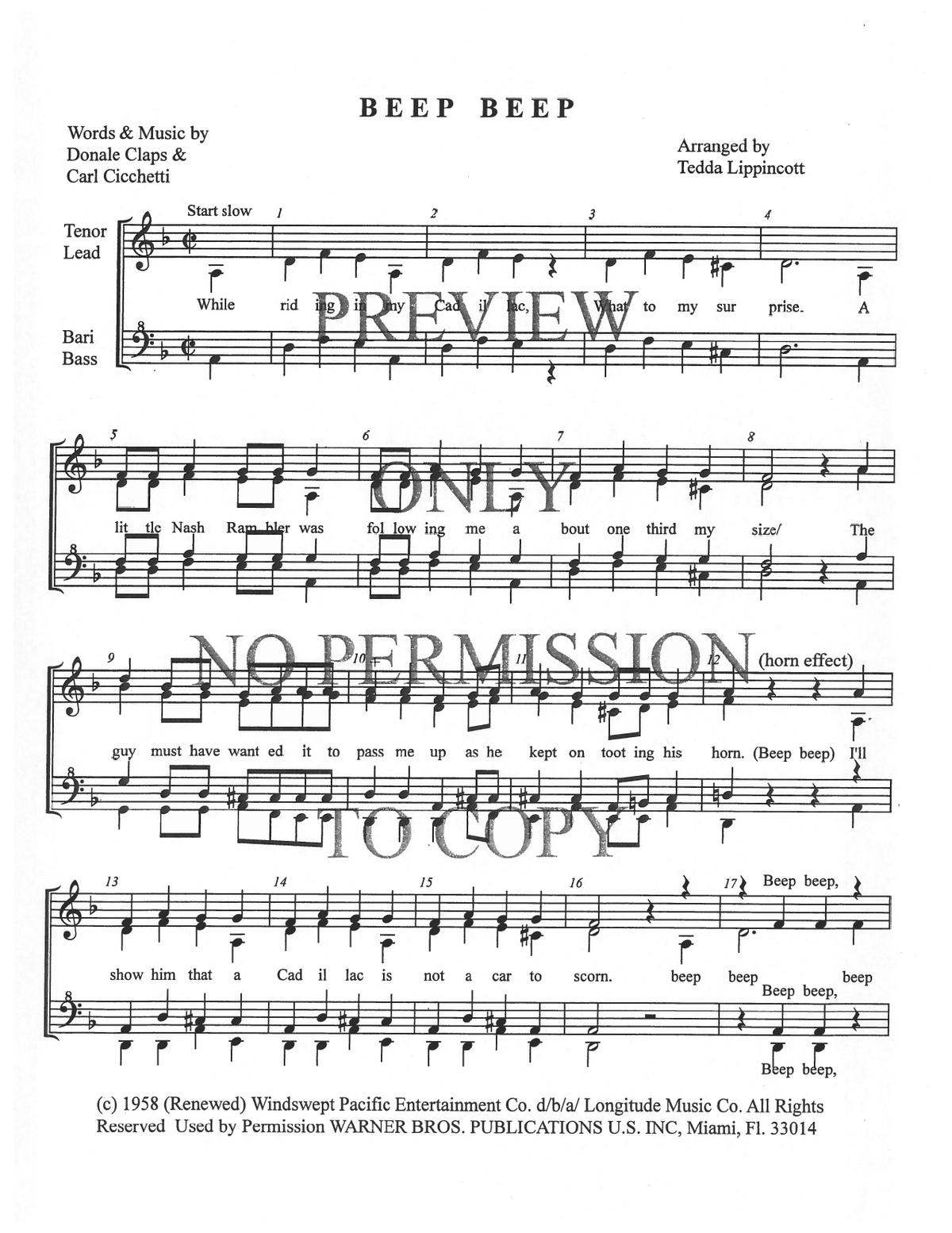 Beep Beep — sheet music preview, arranged by Tedda Lippincott