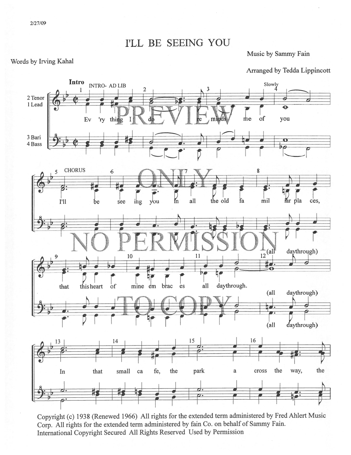 I'll Be Seeing You — sheet music preview, arranged by Tedda Lippincott