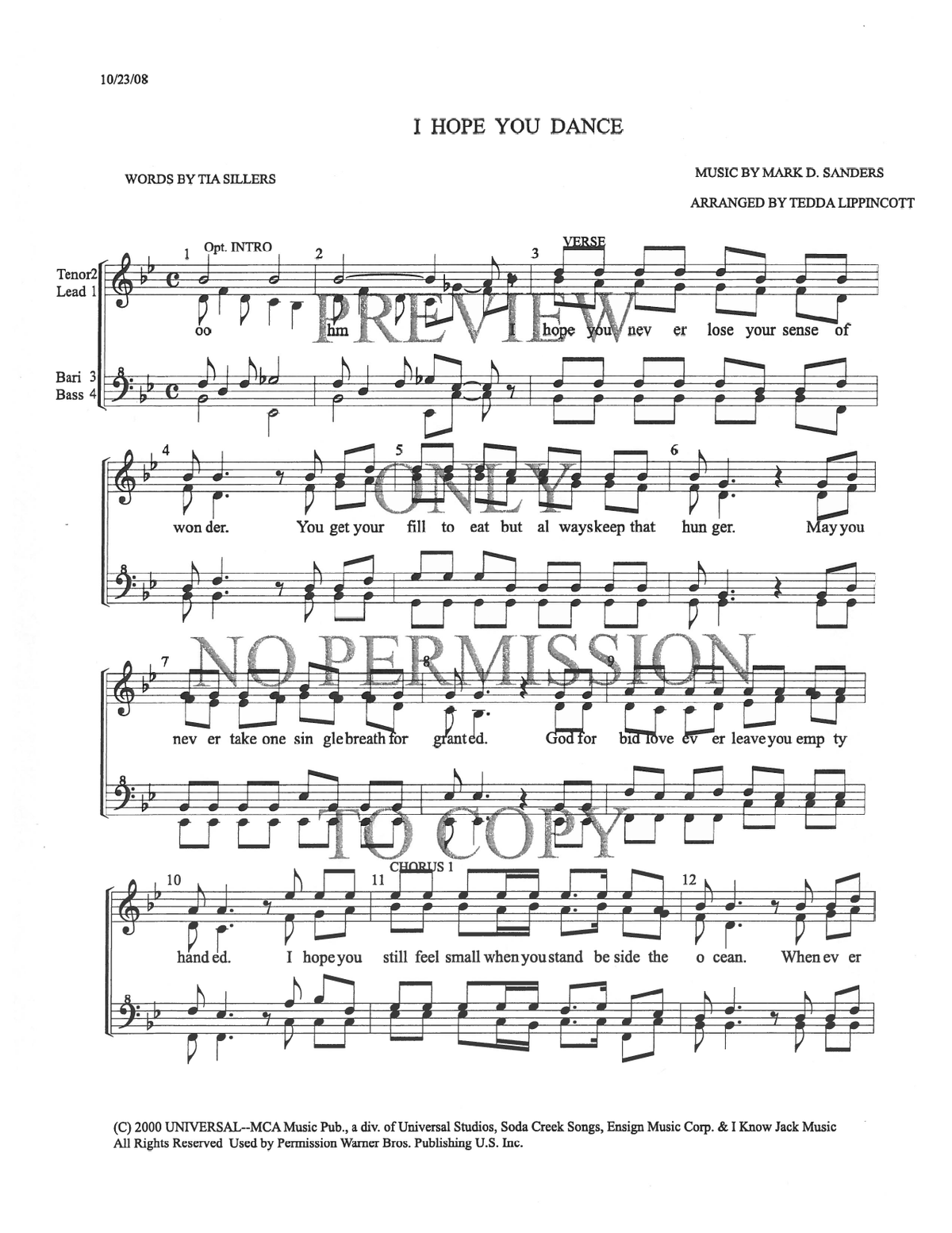 I Hope You Dance — sheet music preview, arranged by Tedda Lippincott