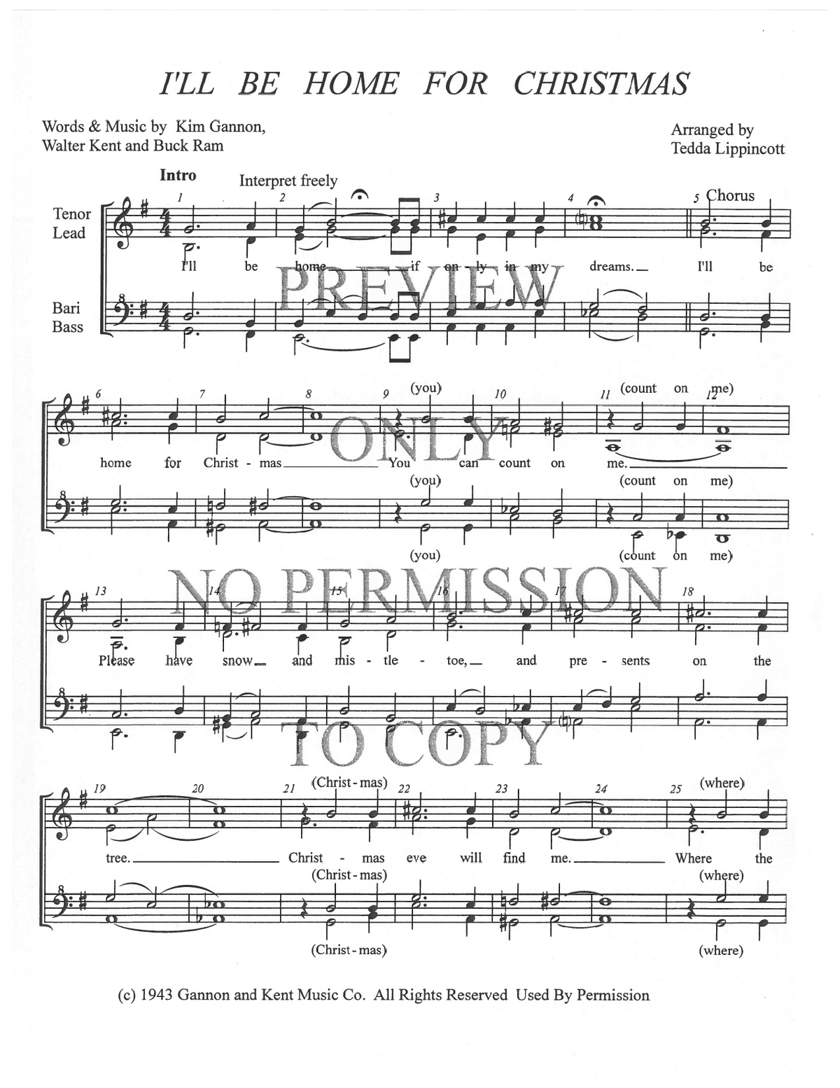 I'll Be Home For Christmas — sheet music preview, arranged by Tedda Lippincott