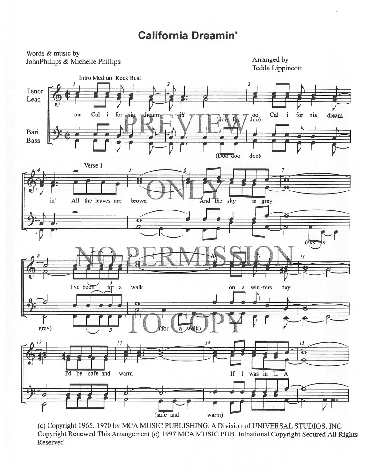 California Dreamin' — sheet music preview, arranged by Tedda Lippincott