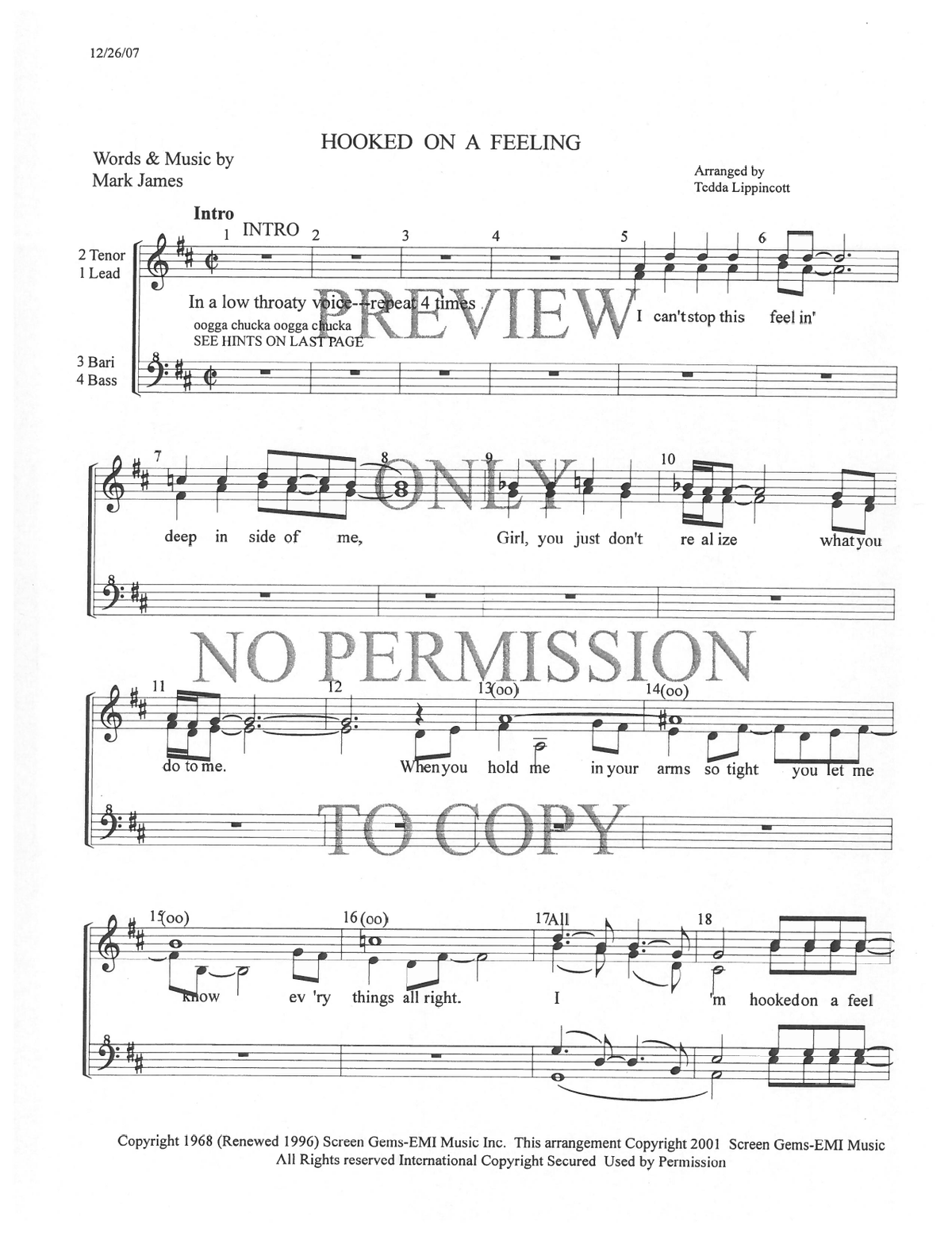 Hooked On A Feeling — sheet music preview, arranged by Tedda Lippincott