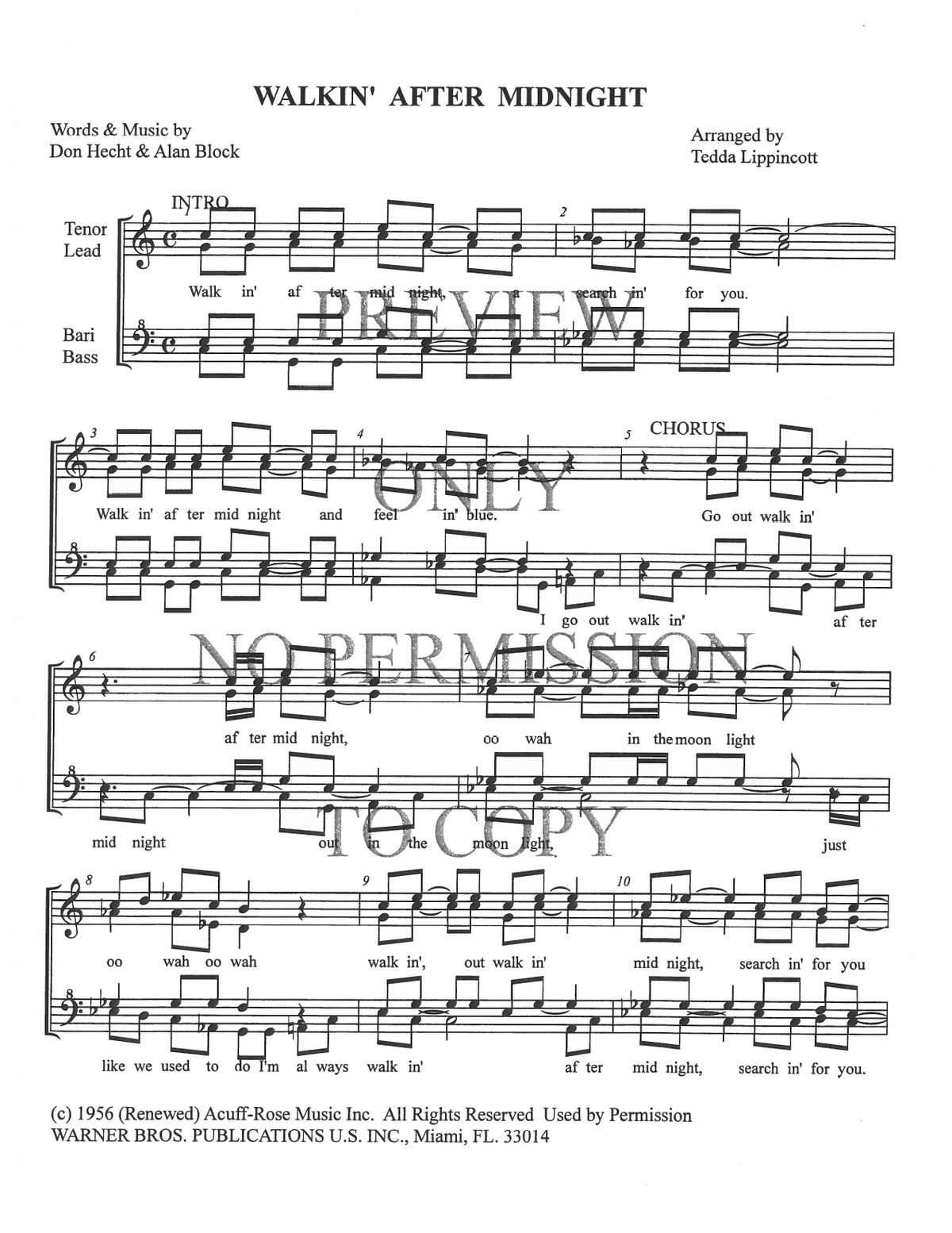 Walkin' After Midnight — sheet music preview, arranged by Tedda Lippincott
