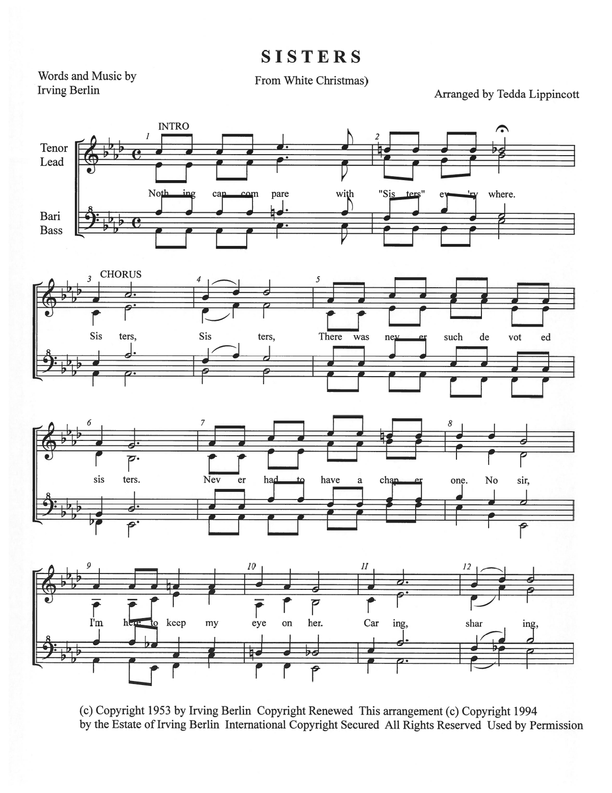 Sisters — sheet music preview, arranged by Tedda Lippincott