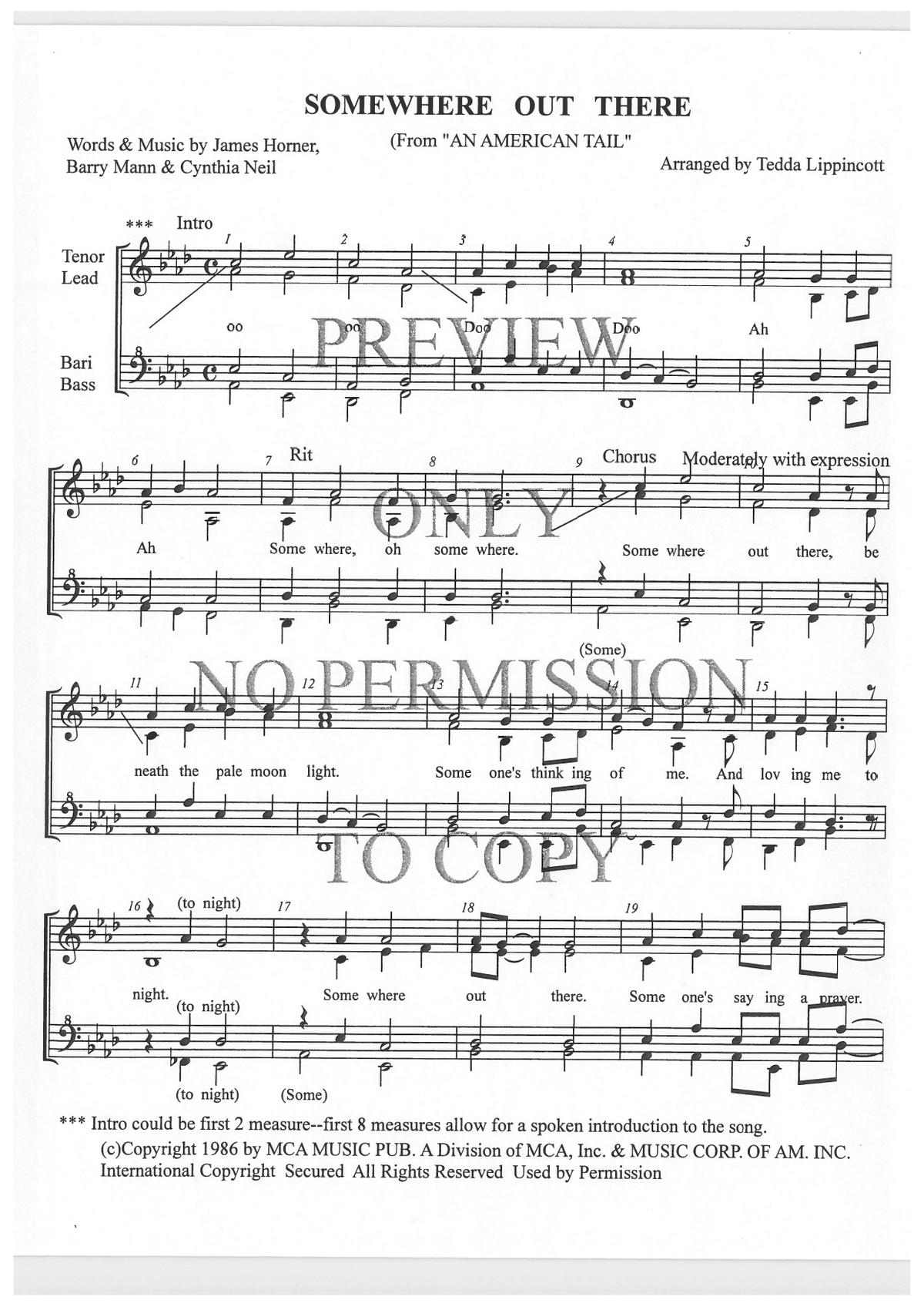 Somewhere Out There — sheet music preview, arranged by Tedda Lippincott