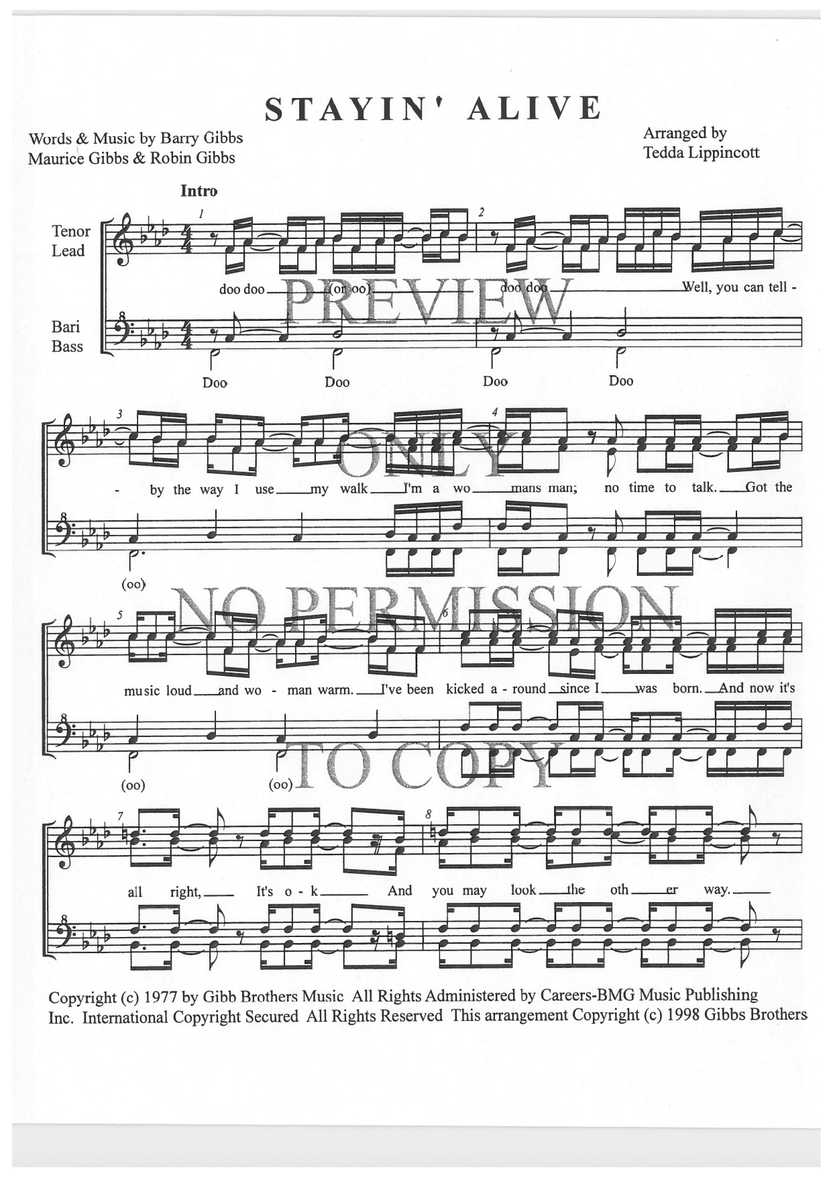 Stayin' Alive — sheet music preview, arranged by Tedda Lippincott