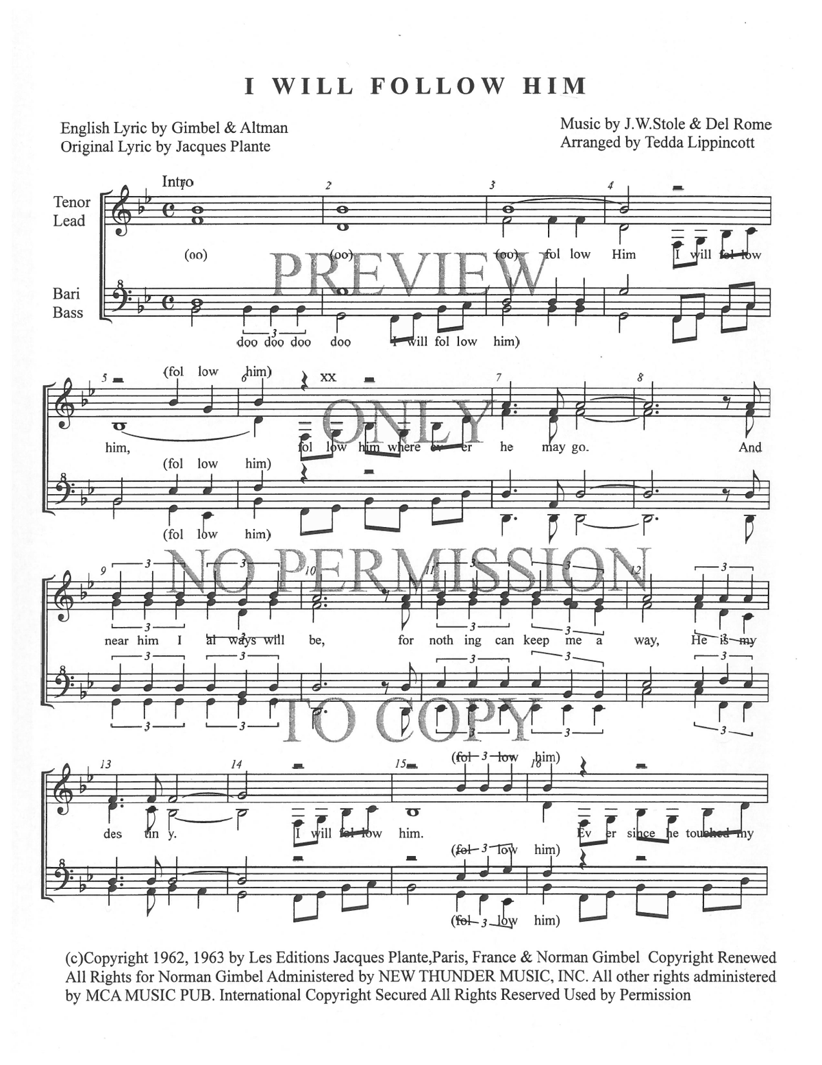 I Will Follow Him (You) — sheet music preview, arranged by Tedda Lippincott