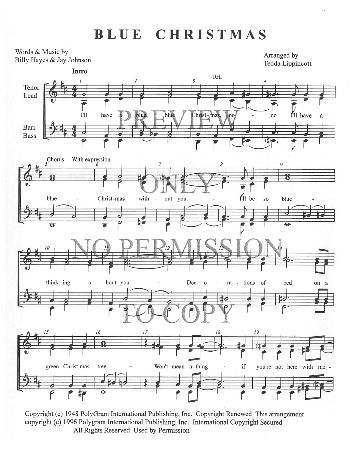 Blue Christmas — sheet music preview, arranged by Tedda Lippincott