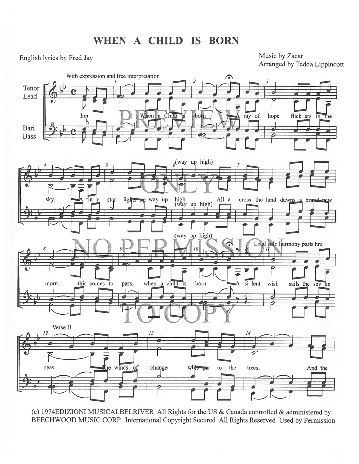 When A Child Is Born — sheet music preview, arranged by Tedda Lippincott