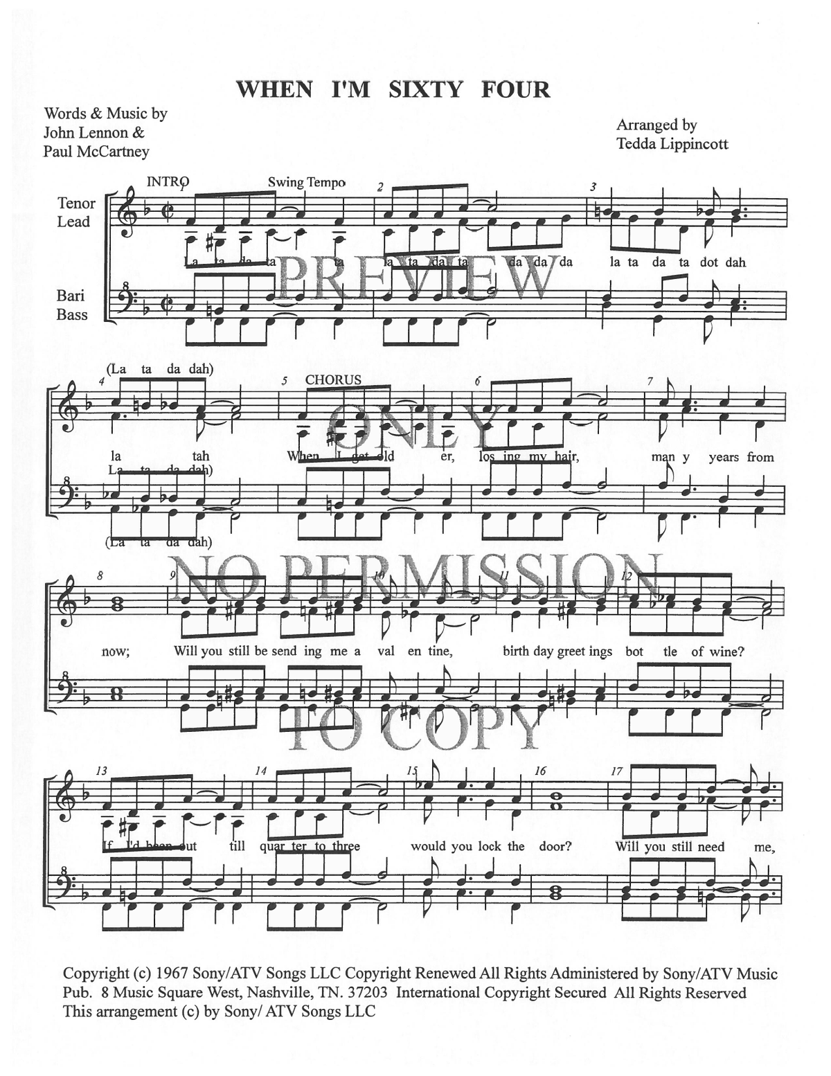 When I'm Sixty-Four — sheet music preview, arranged by Tedda Lippincott