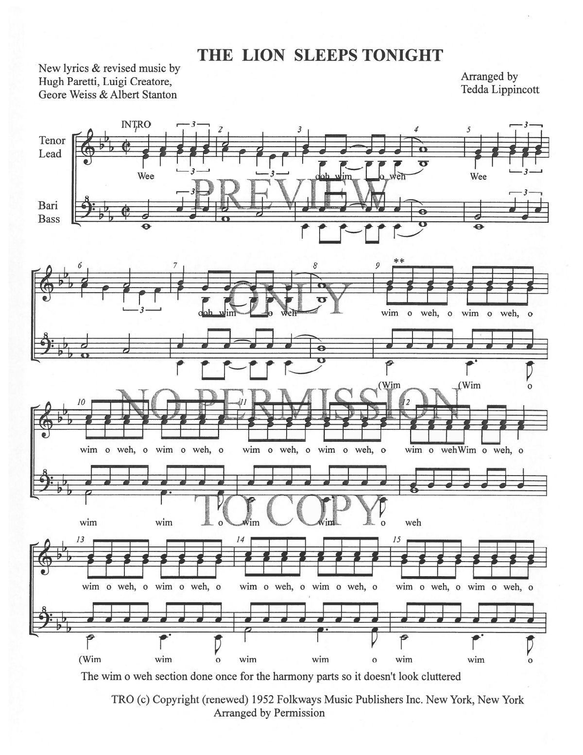 Wimoweh (The Lion Sleeps Tonight) — sheet music preview, arranged by Tedda Lippincott