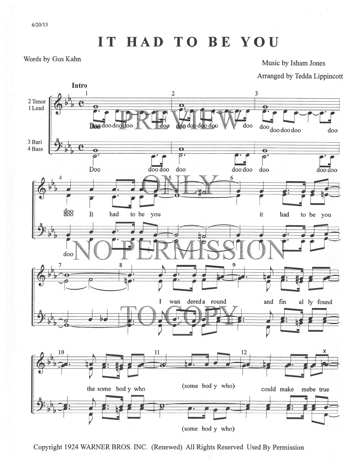 It Had To Be You — sheet music preview, arranged by Tedda Lippincott