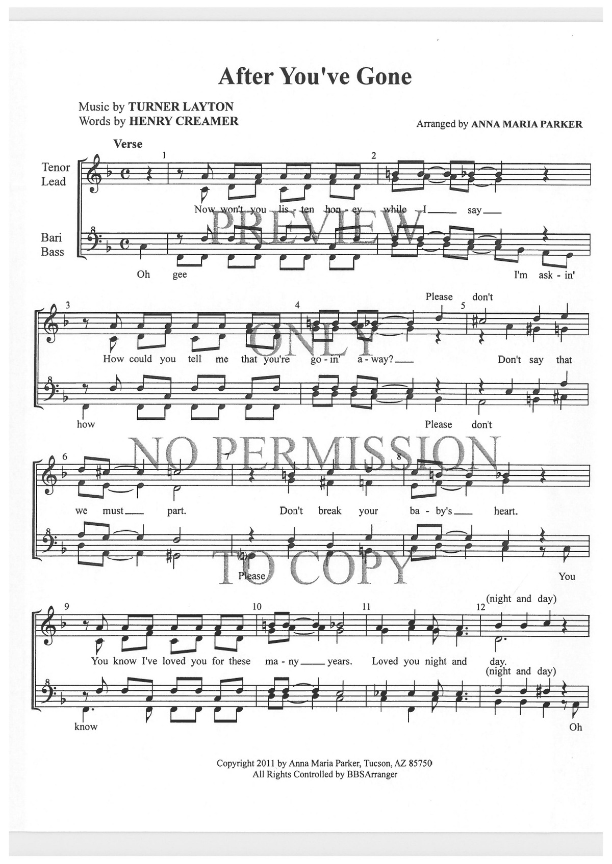 After You've Gone — sheet music preview, arranged by Anna Maria Parker