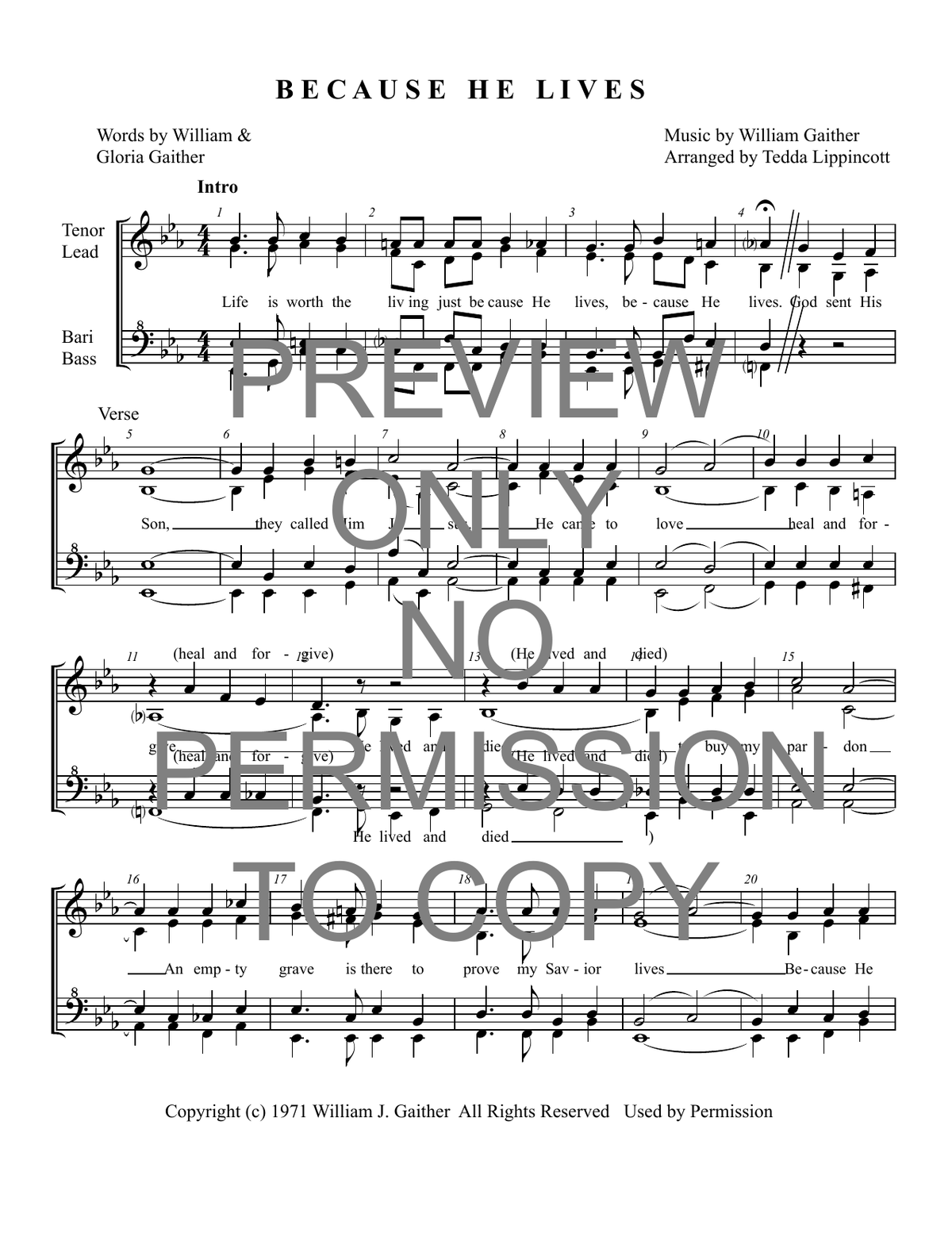 Because He Lives — sheet music preview, arranged by Tedda Lippincott