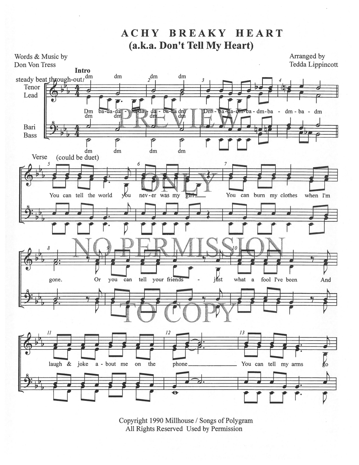 Achy Breaky Heart — sheet music preview, arranged by Tedda Lippincott