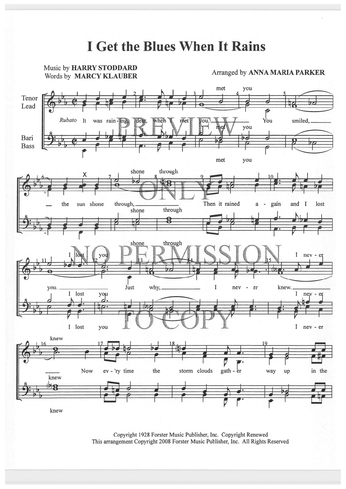 I Get The Blues When It Rains — sheet music preview, arranged by Anna Maria Parker