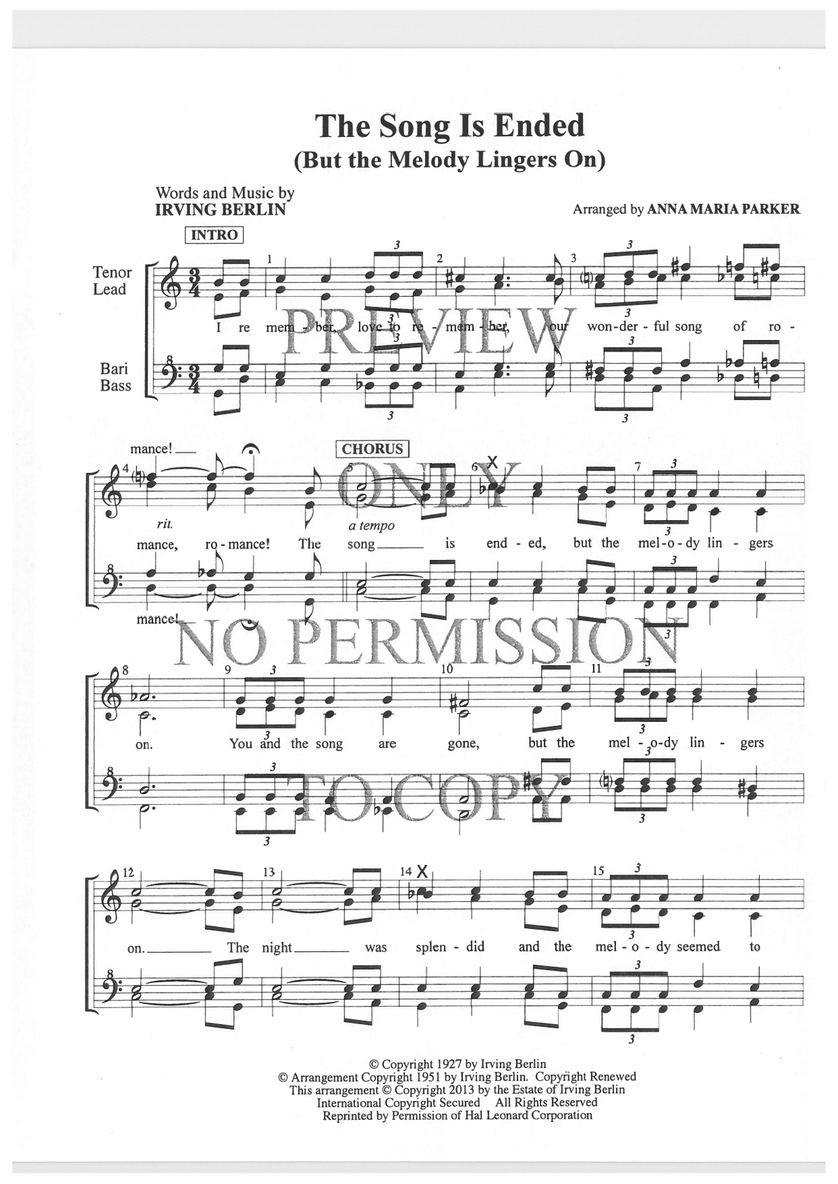 The Song Is Ended, But The Melody Lingers On — sheet music preview, arranged by Anna Maria Parker