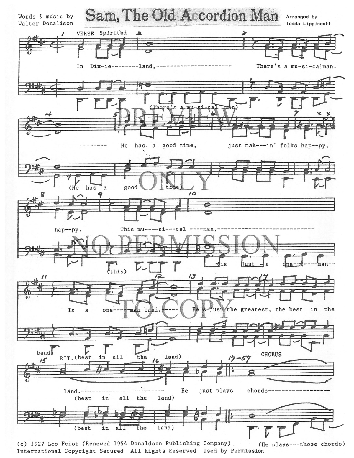Sam, The Old Accordian Man — sheet music preview, arranged by Tedda Lippincott