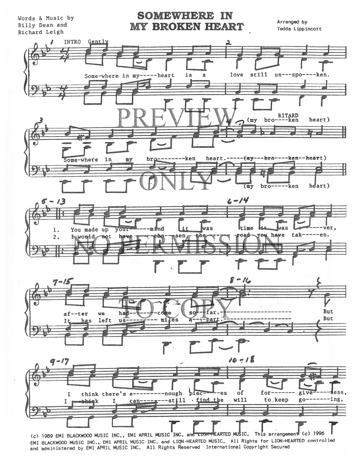 Somewhere In My Broken Heart — sheet music preview, arranged by Tedda Lippincott